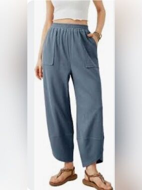 New! Amazon Fashion Blue Elastic Waist Wide-Leg Lantern Barrel Leg Pants Large